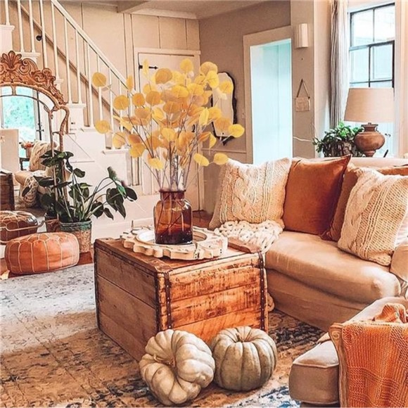 4 Pcs Artificial Eucalyptus Leaves Stems 33.8‘’ Eucalyptus Branches Orange - Picture 5 of 7